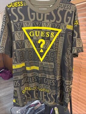 GUESS Olive Green Graphic Logo Tee with Yellow Print